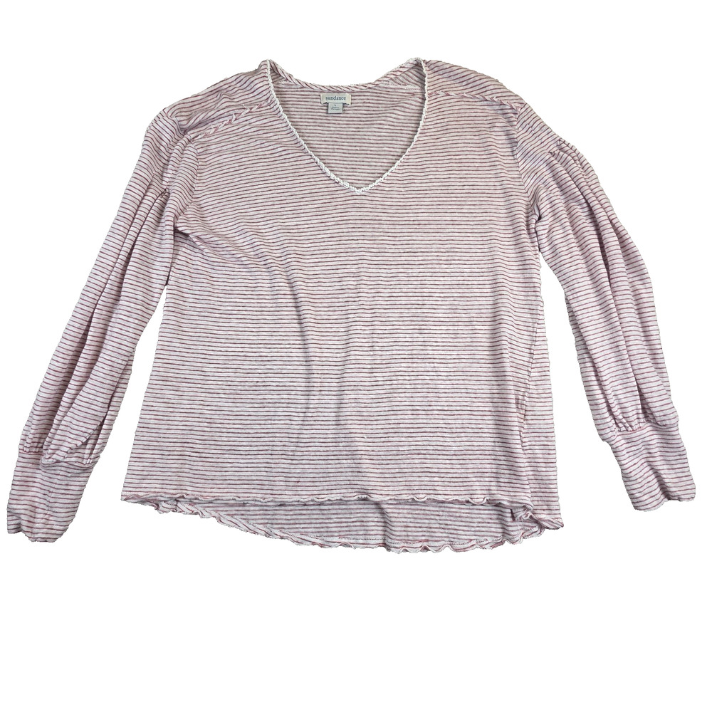 Sundance Womens Linen V Neck Tunic Size Lg Red White Stripe Nautical